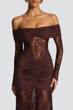 Sabine Strapless Maxi Dress with Long Sheer Lace Sleeves in Coffee