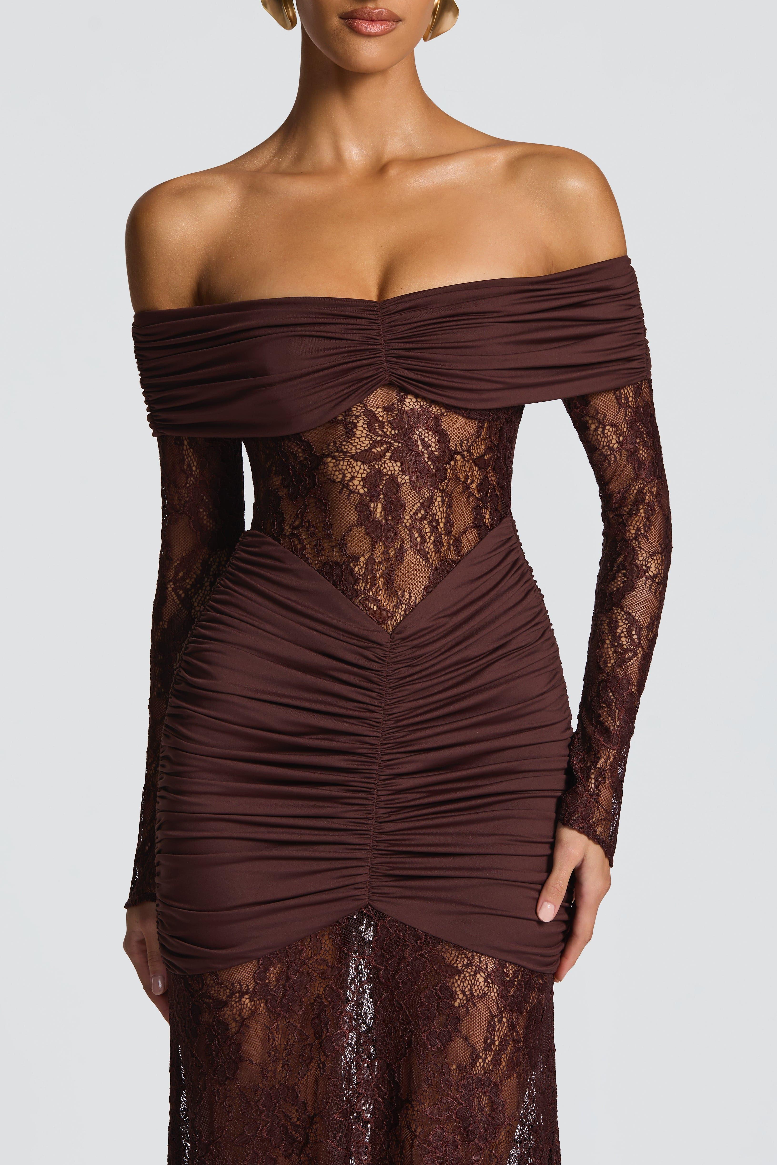 Sabine Strapless Maxi Dress with Long Sheer Lace Sleeves in Coffee