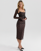 Sabrina Lace Corset Midi Dress with Detachable Sleeves in Black