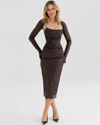 Sabrina Lace Corset Midi Dress with Detachable Sleeves in Black