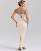 Sandy Frilled Lace Maxi Dress with Lace Up Back in Ivory in Ivory