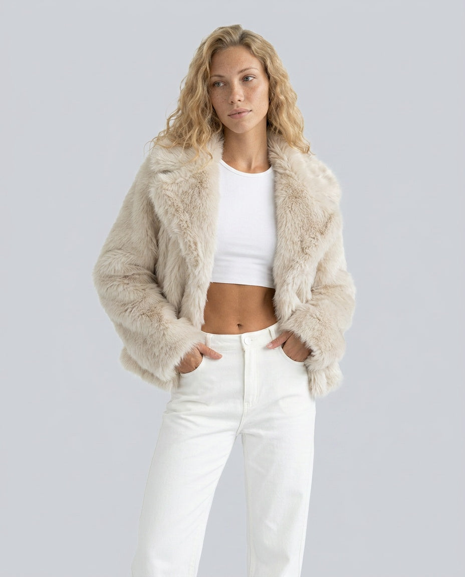 Scarlett Open Front Faux Fur Jacket with Relaxed Shoulders in Beige