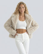 Scarlett Open Front Faux Fur Jacket with Relaxed Shoulders in Beige