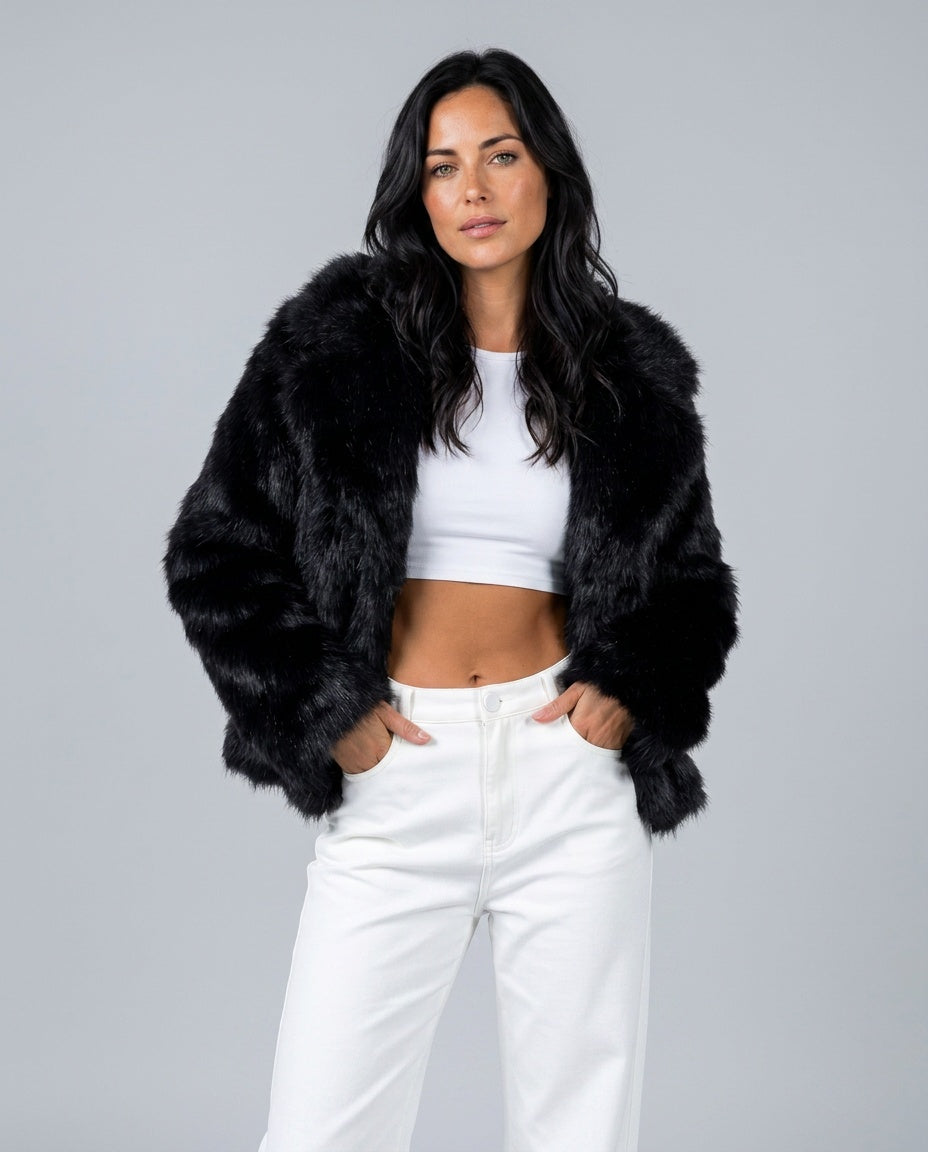 Scarlett Open Front Faux Fur Jacket with Relaxed Shoulders in Black