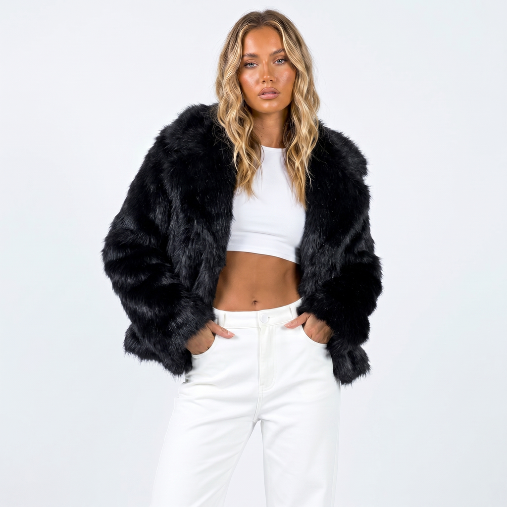 Scarlett Open Front Faux Fur Jacket with Relaxed Shoulders in Black