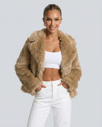 Scarlett Open Front Faux Fur Jacket with Relaxed Shoulders in Coffee