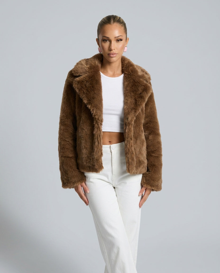 Scarlett Open Front Faux Fur Jacket with Relaxed Shoulders in Coffee