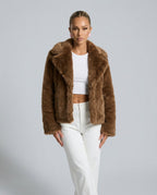 Scarlett Open Front Faux Fur Jacket with Relaxed Shoulders in Coffee