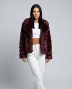 Scarlett Open Front Faux Fur Jacket with Relaxed Shoulders in Burgundy