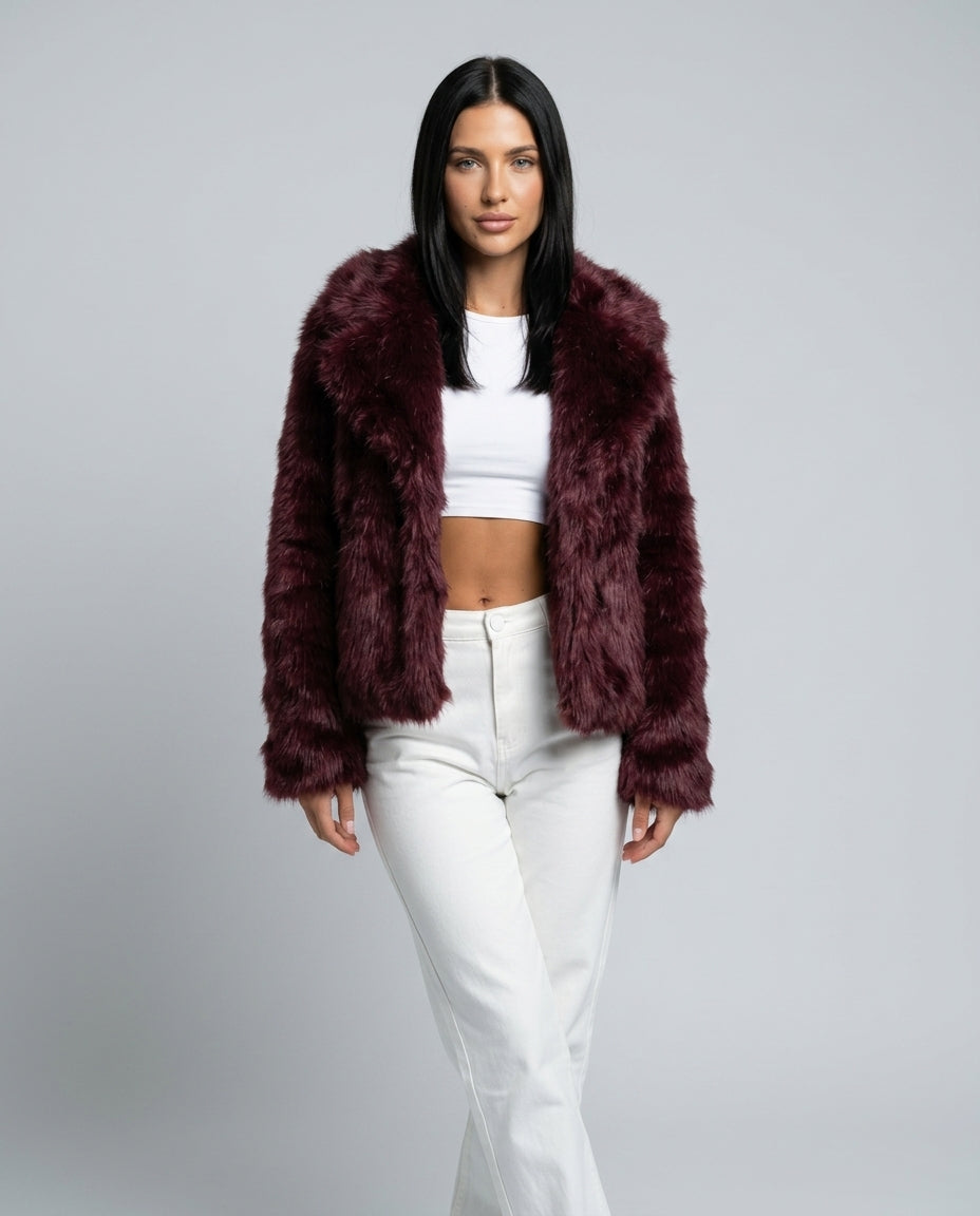 Scarlett Open Front Faux Fur Jacket with Relaxed Shoulders in Burgundy