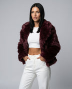 Scarlett Open Front Faux Fur Jacket with Relaxed Shoulders in Burgundy
