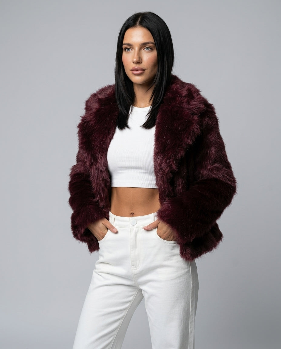 Scarlett Open Front Faux Fur Jacket with Relaxed Shoulders in Burgundy
