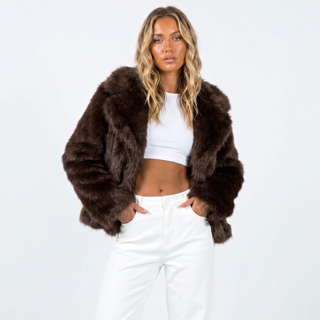 Scarlett Open Front Faux Fur Jacket with Relaxed Shoulders in Burgundy