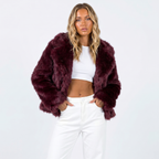 Scarlett Open Front Faux Fur Jacket with Relaxed Shoulders in Burgundy