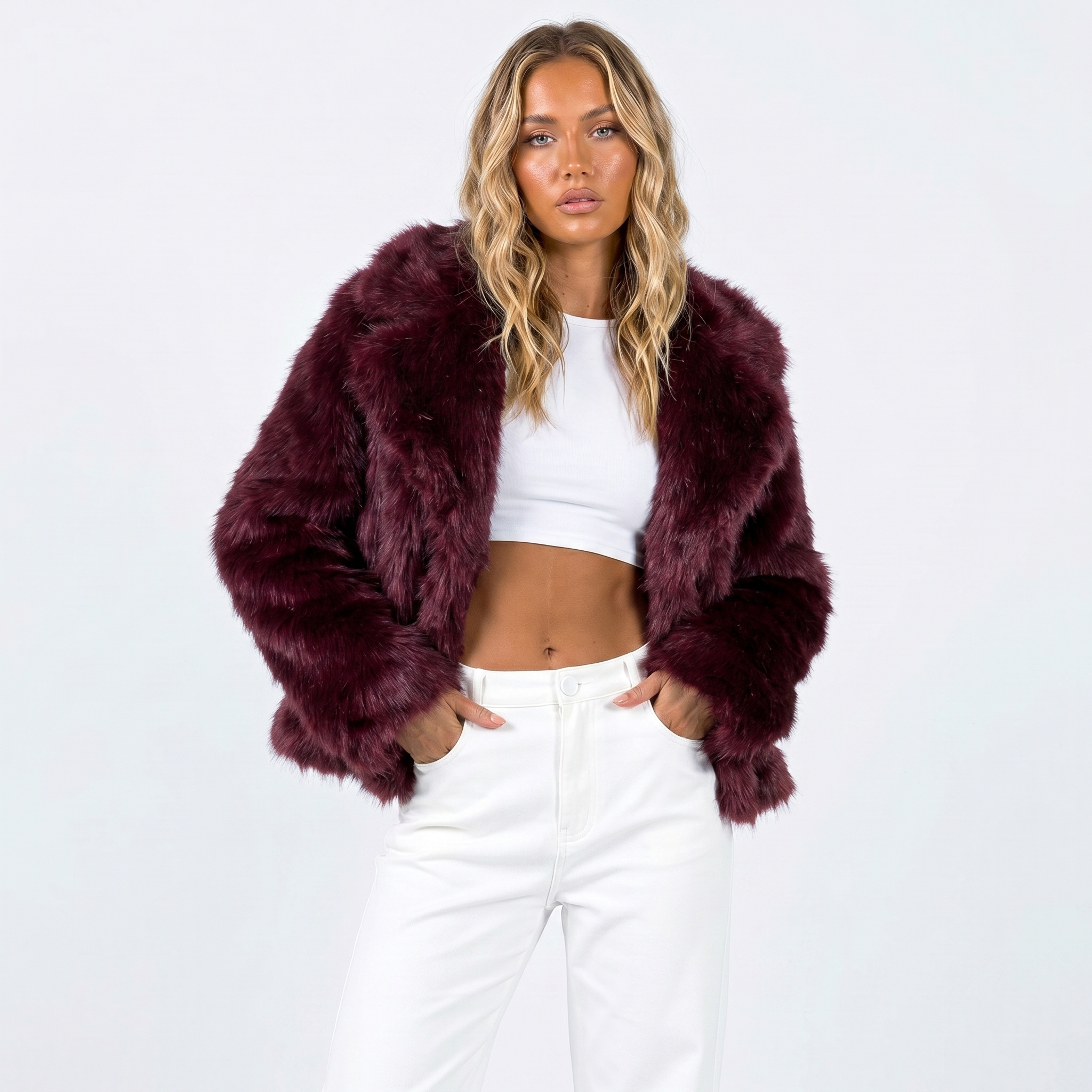 Scarlett Open Front Faux Fur Jacket with Relaxed Shoulders in Burgundy