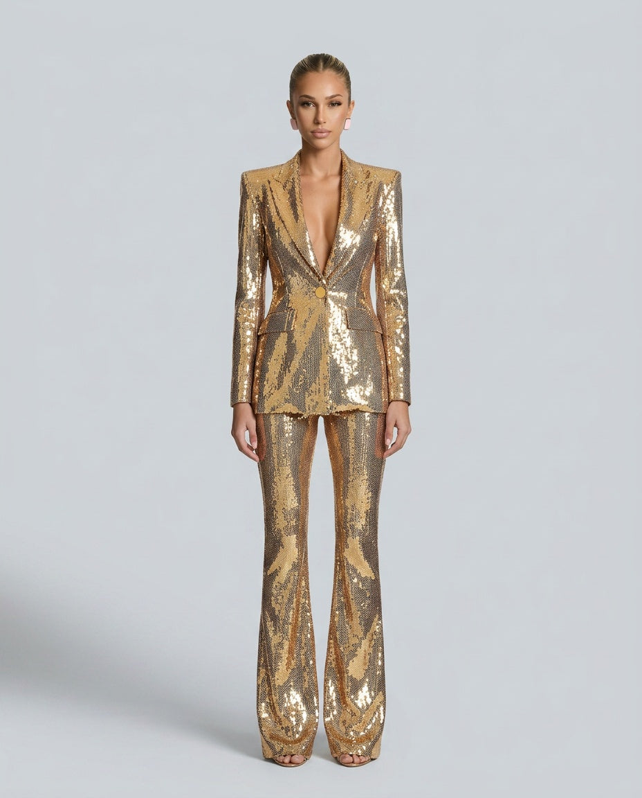 Scarlett Sequin Blazer and Matching Piece Two Piece Set in Gold