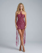 Scarlett Sequin Two Piece Set with Rhinestone Tipped Fringe in Hot Pink