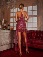 Scarlett Sequin Two Piece Set with Rhinestone Tipped Fringe in Hot Pink