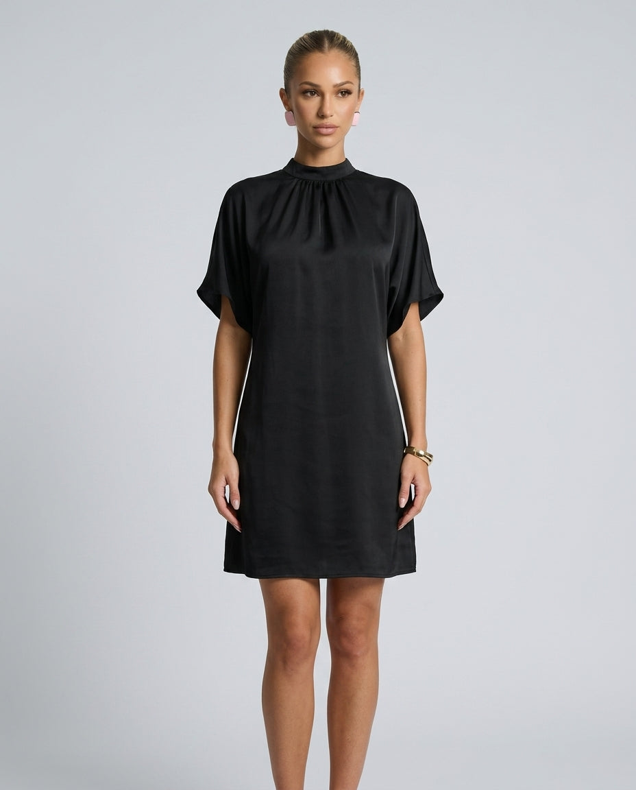 Selene Batwing Sleeve Mini Dress with Pleated Collar in Black