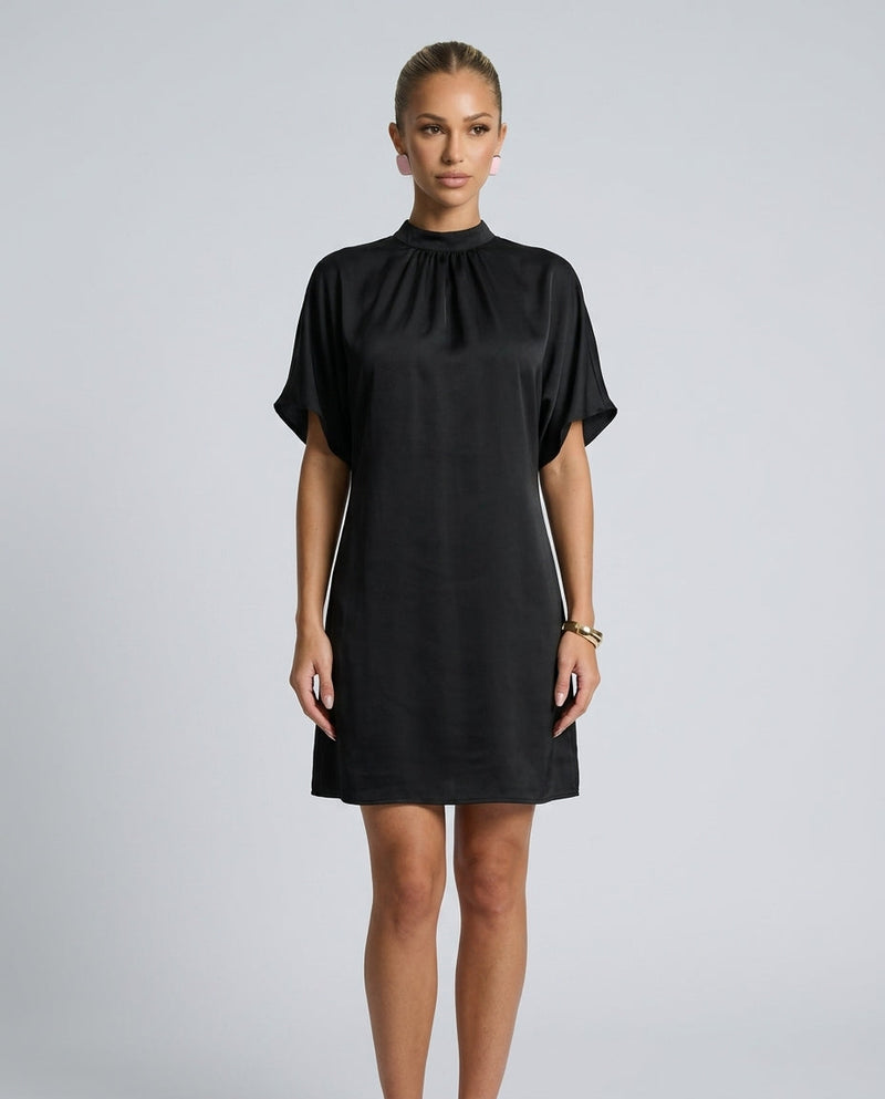 Selene Batwing Sleeve Mini Dress with Gathered Mock Neck in Black