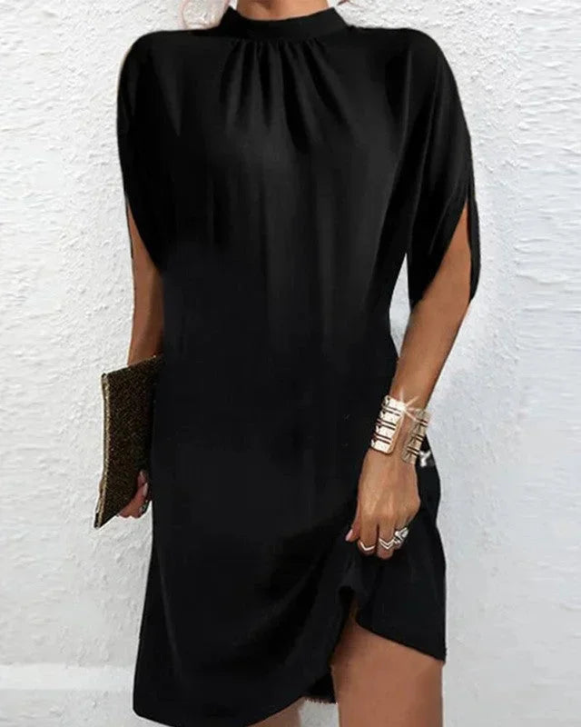 Selene Batwing Sleeve Mini Dress with Pleated Collar in Black