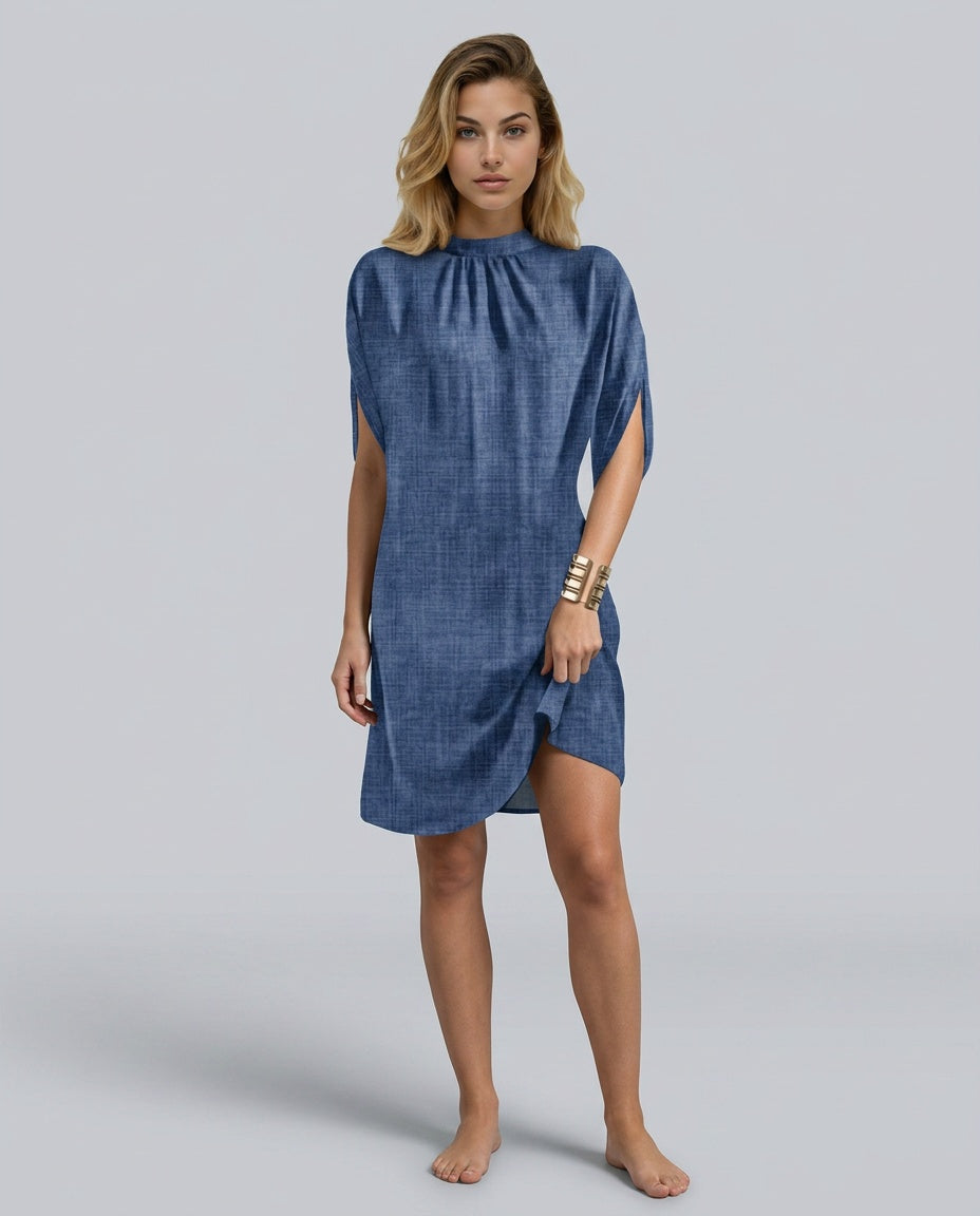 Selene Batwing Sleeve Mini Dress with Pleated Collar in Blue