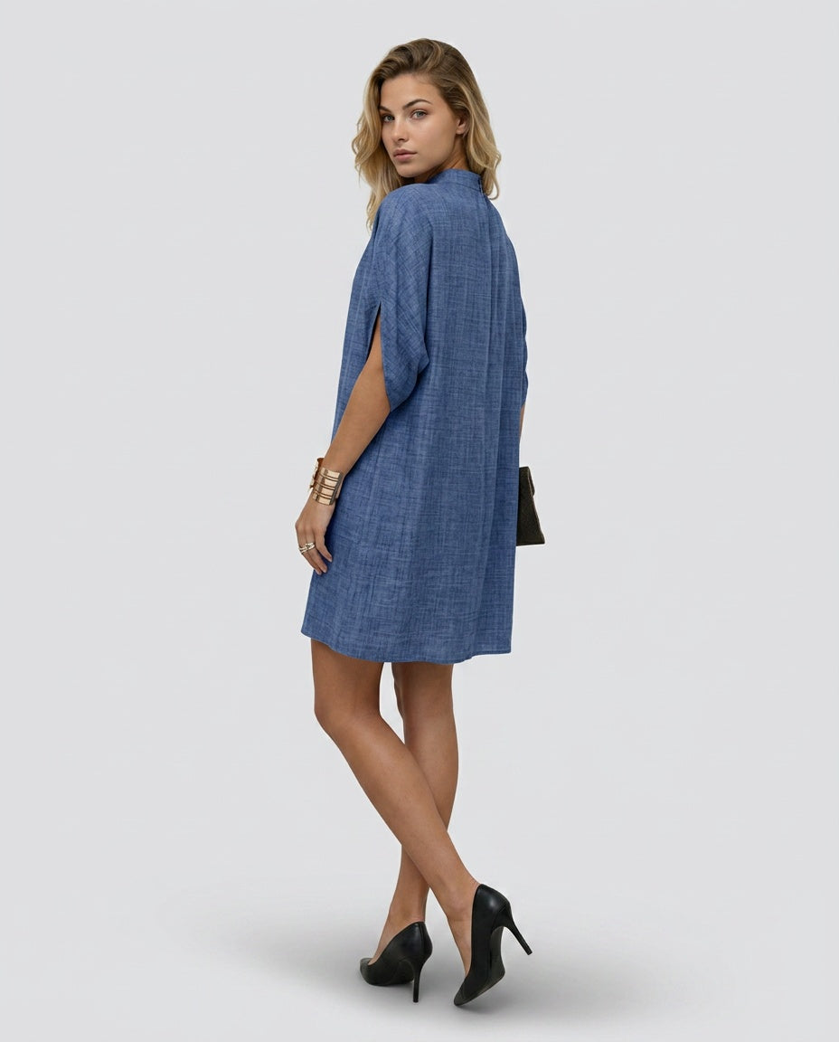 Selene Batwing Sleeve Mini Dress with Pleated Collar in Blue