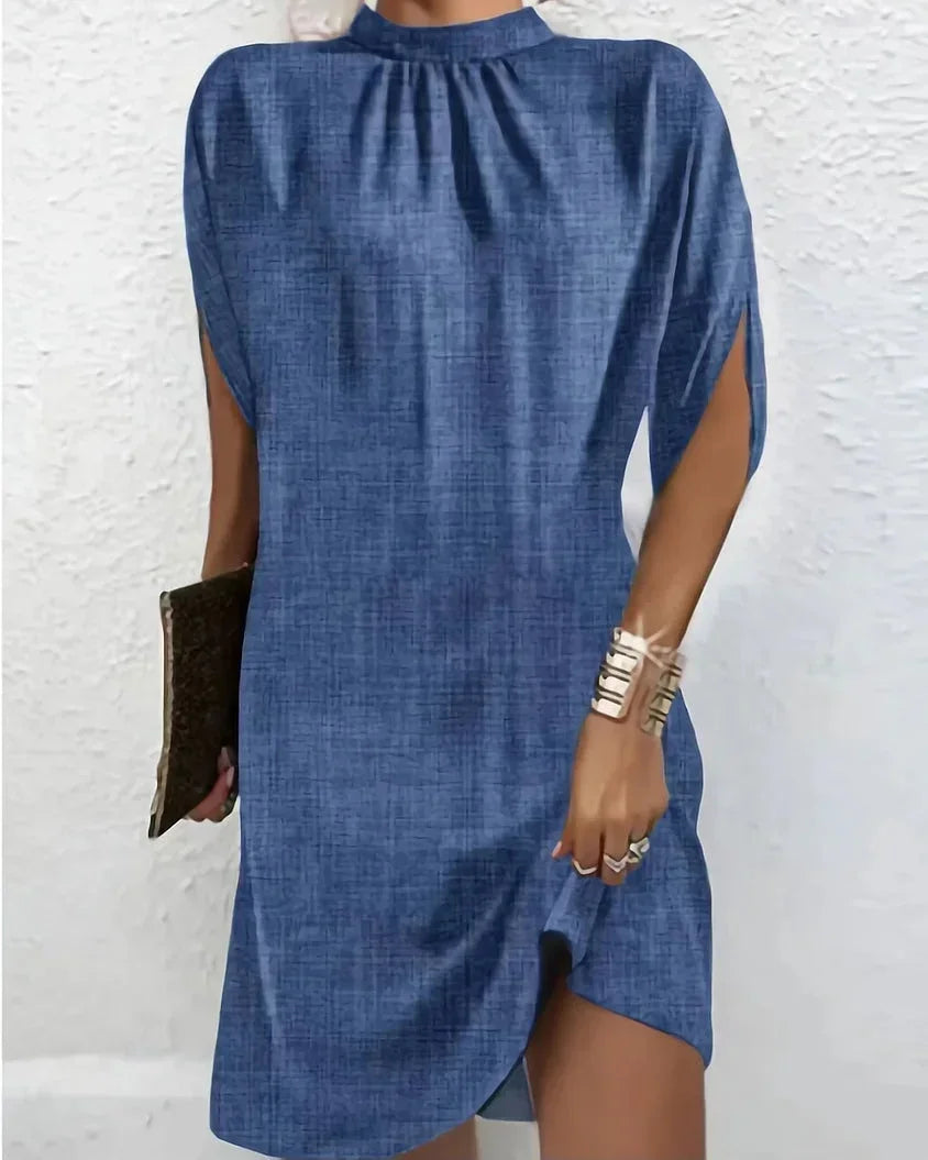 Selene Batwing Sleeve Mini Dress with Pleated Collar in Blue