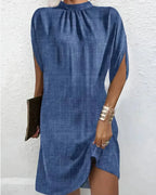 Selene Batwing Sleeve Mini Dress with Pleated Collar in Blue