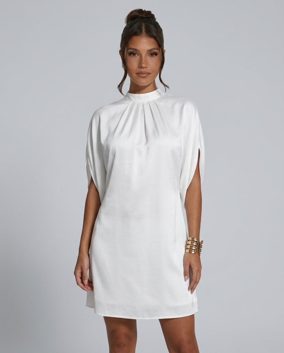 Selene Batwing Sleeve Mini Dress with Pleated Collar in White