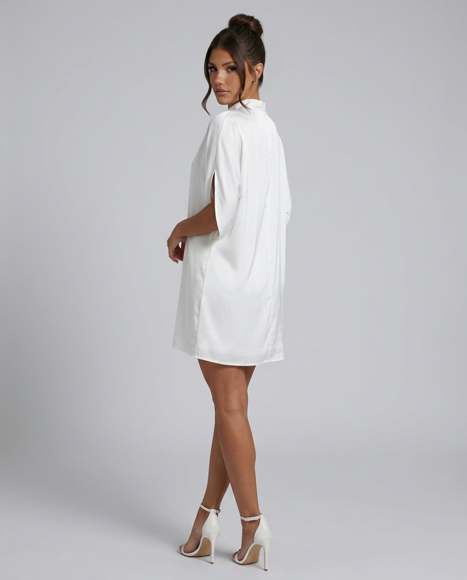 Selene Batwing Sleeve Mini Dress with Pleated Collar in White