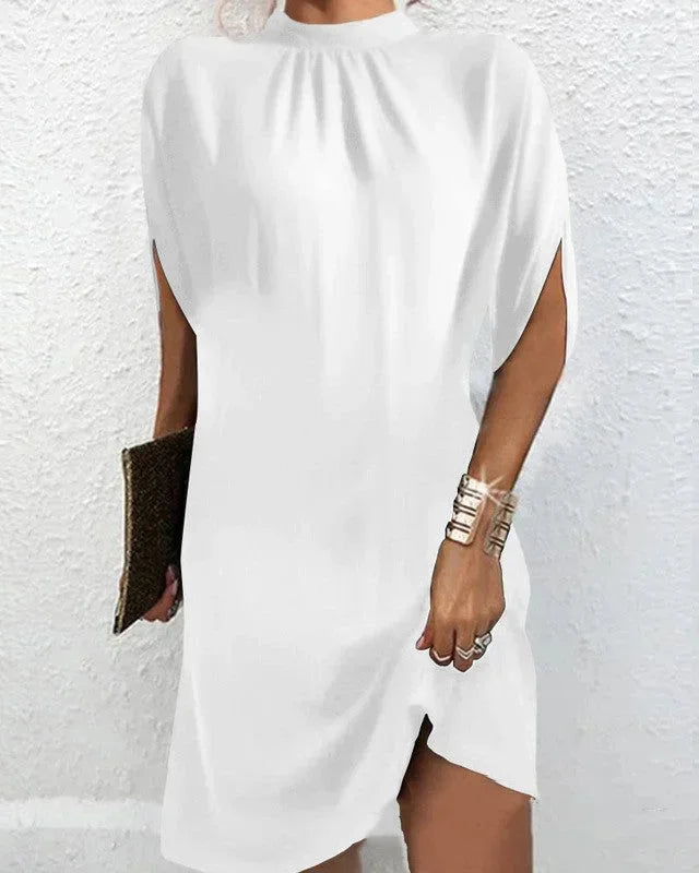 Selene Batwing Sleeve Mini Dress with Pleated Collar in White