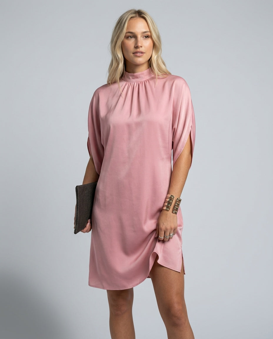 Selene Batwing Sleeve Mini Dress with Pleated Collar in Pink
