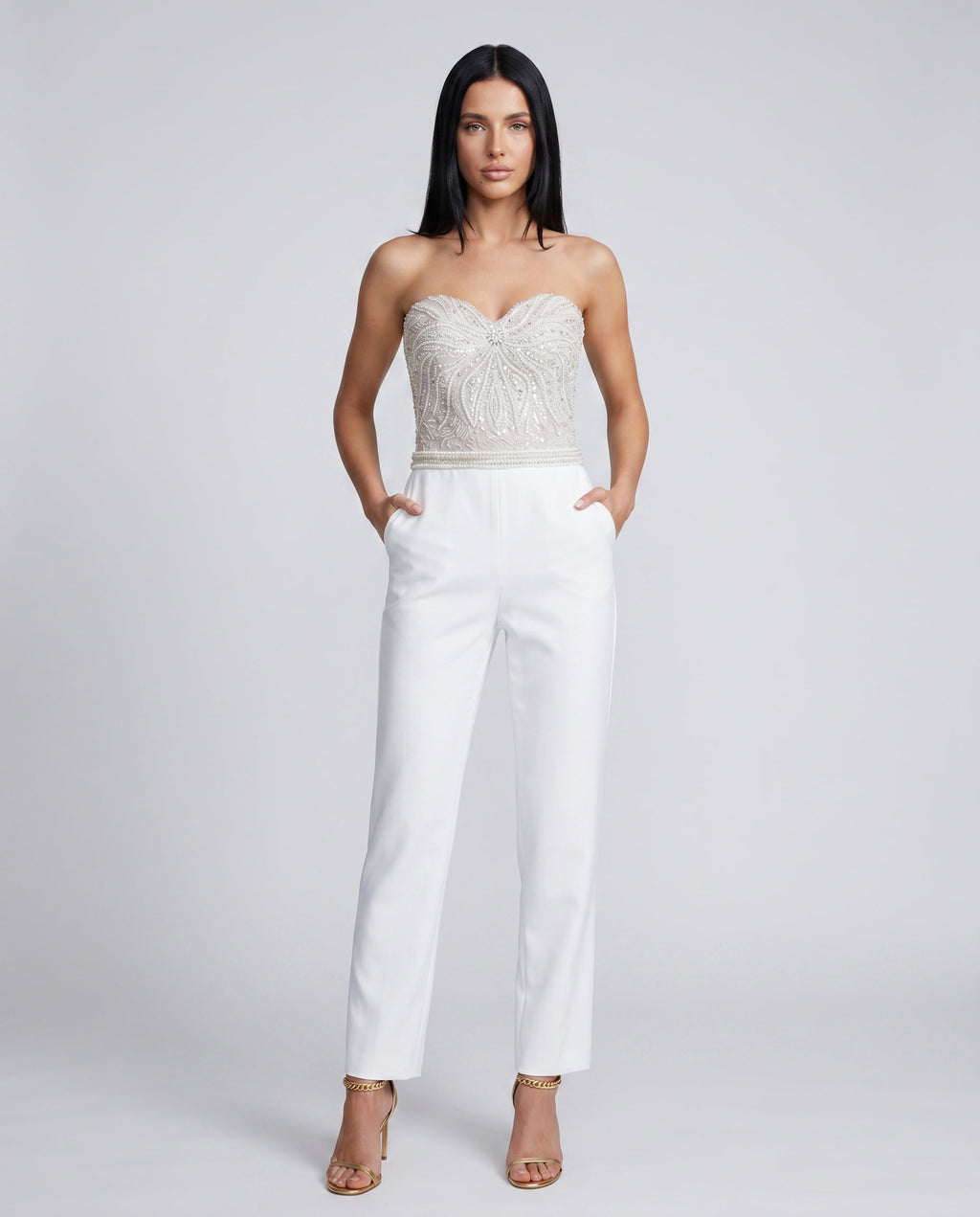 Selene Strapless Sequin Bodice Straight Leg Jumpsuit in White