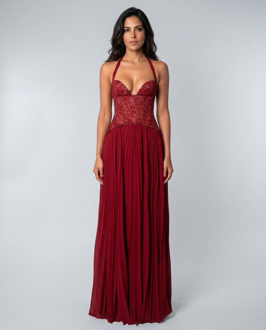 Seraphina Sweetheart Lace Splice Pleated Chiffon Maxi Dress in Red
