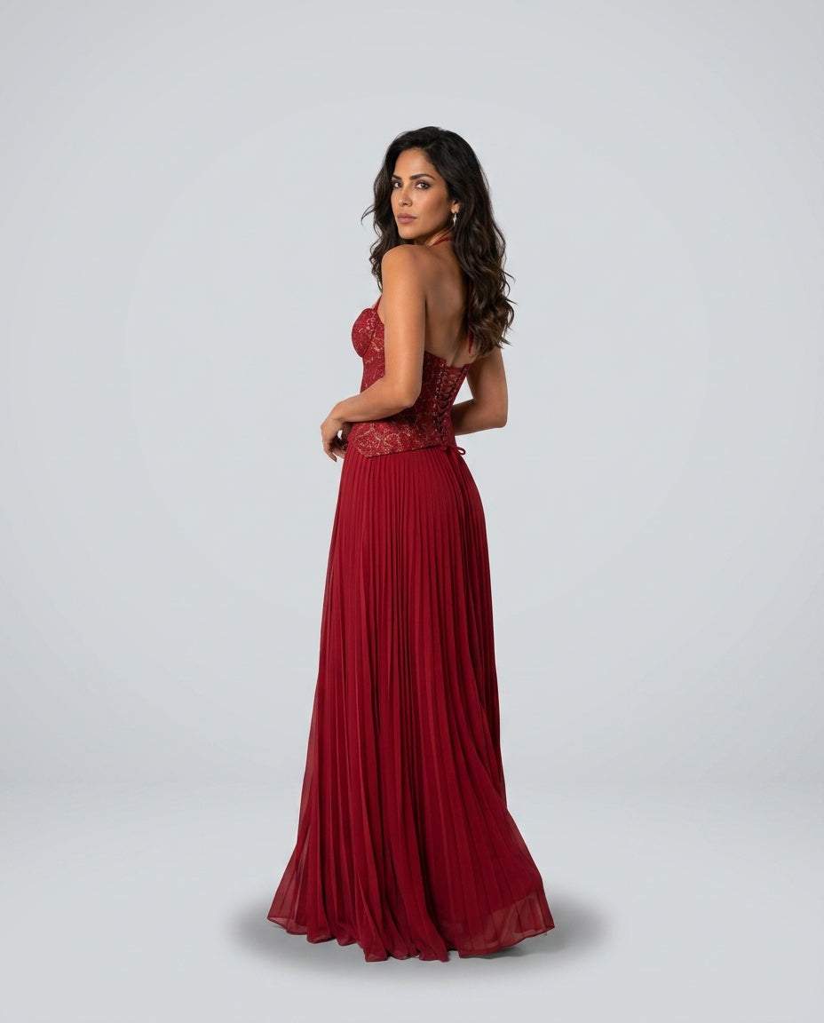 Seraphina Sweetheart Lace Splice Pleated Chiffon Maxi Dress in Red