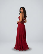 Seraphina Sweetheart Lace Splice Pleated Chiffon Maxi Dress in Red