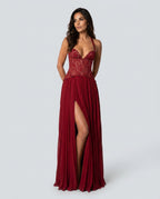 Seraphina Sweetheart Lace Splice Pleated Chiffon Maxi Dress in Red