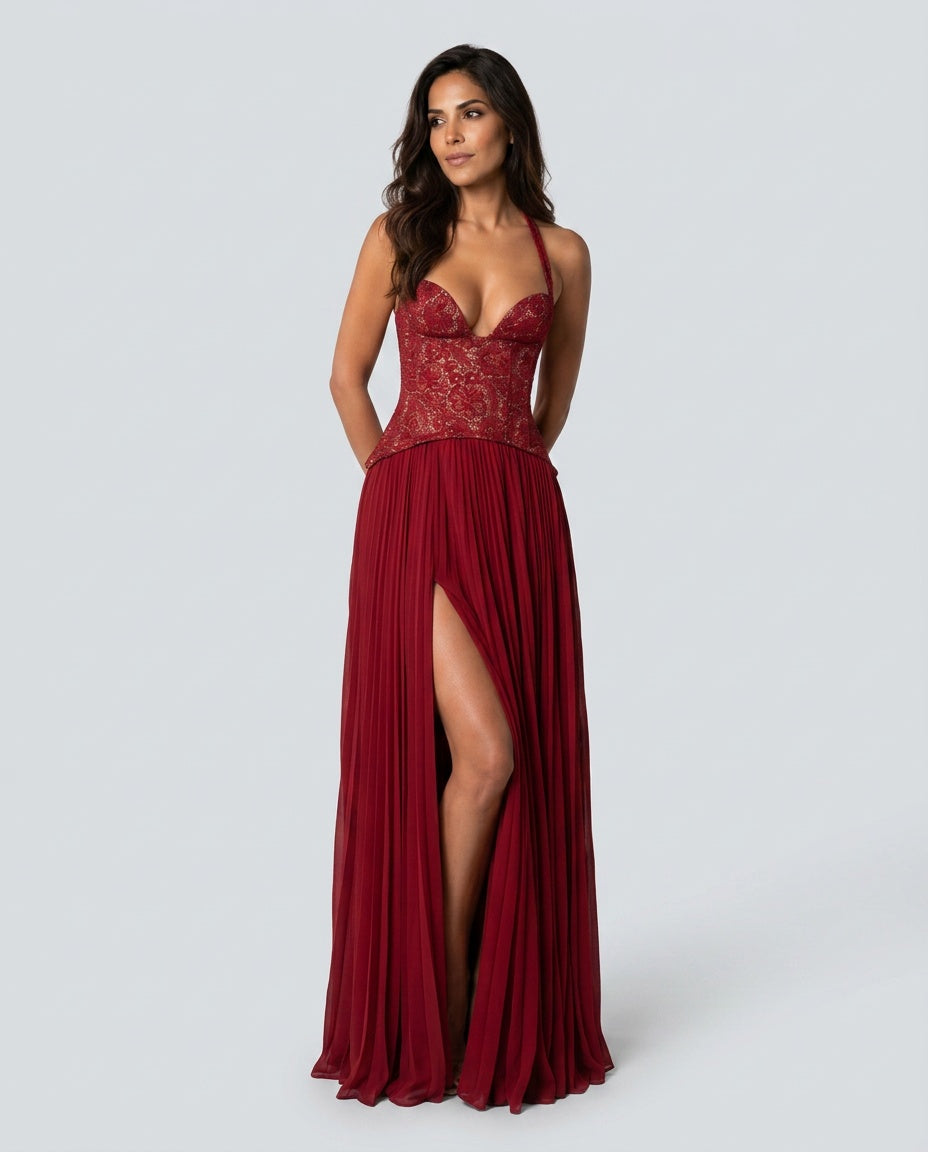 Seraphina Sweetheart Lace Splice Pleated Chiffon Maxi Dress in Red