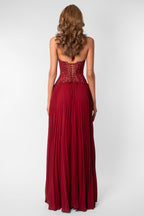 Seraphina Sweetheart Lace Splice Pleated Chiffon Maxi Dress in Red