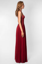 Seraphina Sweetheart Lace Splice Pleated Chiffon Maxi Dress in Red
