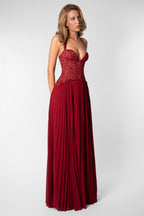 Seraphina Sweetheart Lace Splice Pleated Chiffon Maxi Dress in Red