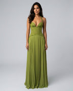 Seraphina Sweetheart Lace Splice Pleated Chiffon Maxi Dress in Green