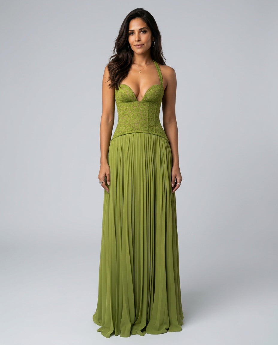 Seraphina Sweetheart Lace Splice Pleated Chiffon Maxi Dress in Green