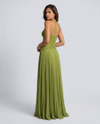 Seraphina Sweetheart Lace Splice Pleated Chiffon Maxi Dress in Green