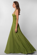 Seraphina Sweetheart Lace Splice Pleated Chiffon Maxi Dress in Green