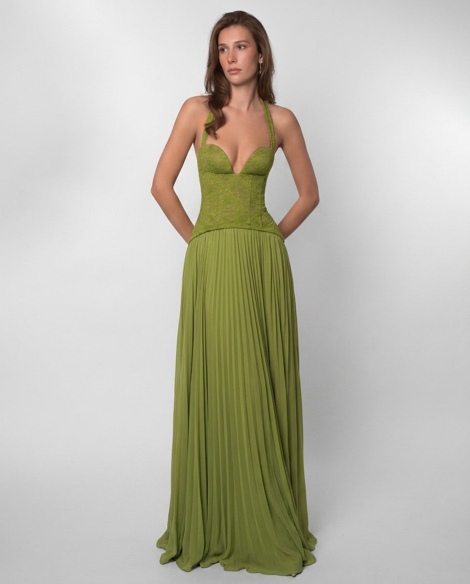 Seraphina Sweetheart Lace Splice Pleated Chiffon Maxi Dress in Green