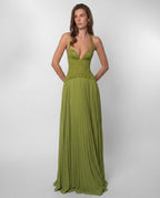 Seraphina Sweetheart Lace Splice Pleated Chiffon Maxi Dress in Green