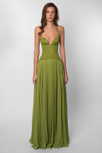 Seraphina Sweetheart Lace Splice Pleated Chiffon Maxi Dress in Green