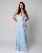 Seraphina Sweetheart Lace Splice Pleated Chiffon Maxi Dress in Blue